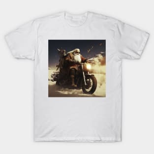 Santa Claus on motorcycle riding with christmas gifts T-Shirt